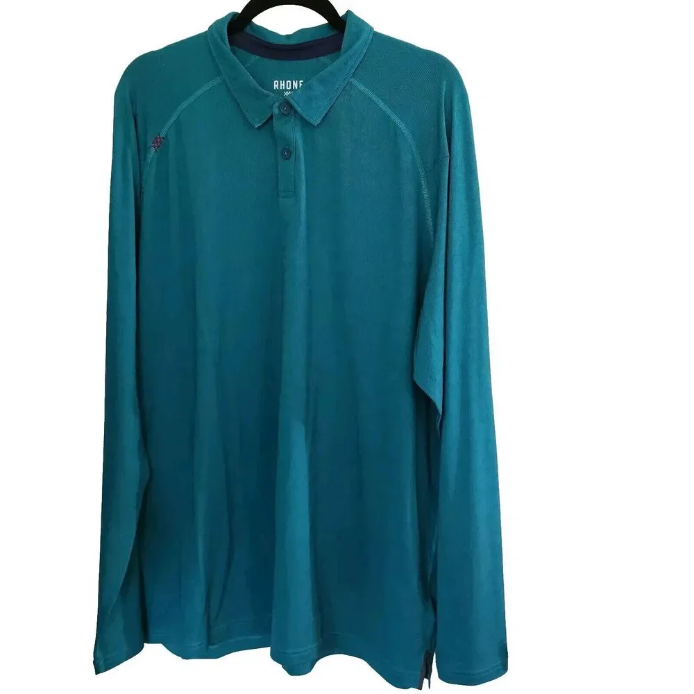 Rhone Mens Delta Pique Long Sleeve Polo Shirt Teal Green Deep XXL Goldfusion - Picture 12 of 13